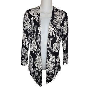 Cache Vintage Black & White Floral Open Front Cardigan